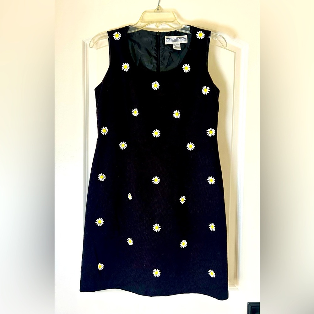 Jessica Howard Black Mini Dress with White & Yellow Daisy Embroidery